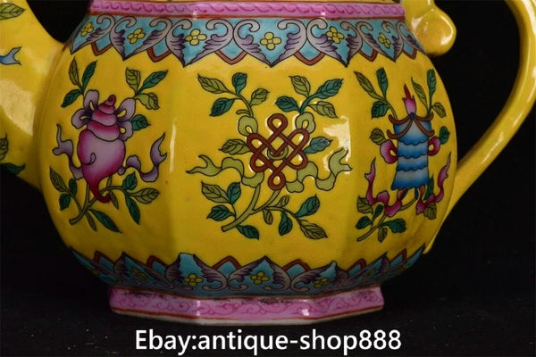 China Yellow Glaze Colour Enamel Porcelain Gilt 8 Auspicious Symbol Kettle Pot