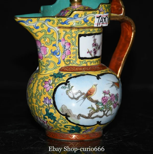 Qianlong Colour Enamel Porcelain Gold Plum Flower Bird Words Pattern Kettle Pot