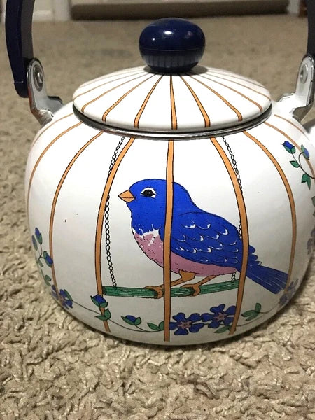 VINTAGE WHITE ENAMEL COFFEE POT Robin/ Blue Bird In A Cage