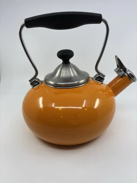 Chantal Orange Enamel on Steel Whistling Tea Kettle Pot 1.8 Quart Nice!
