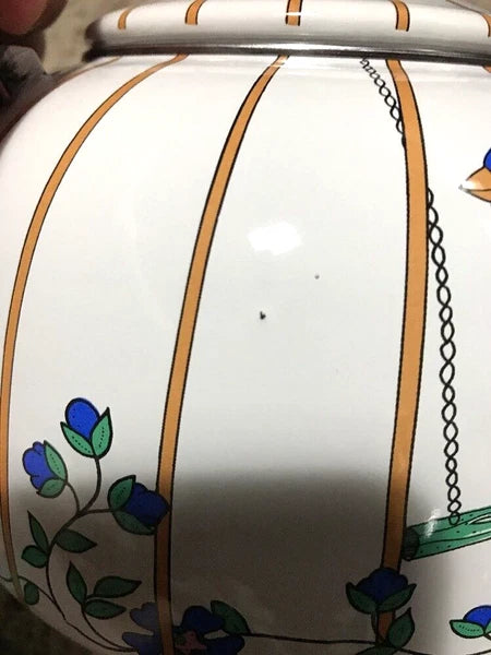 VINTAGE WHITE ENAMEL COFFEE POT Robin/ Blue Bird In A Cage