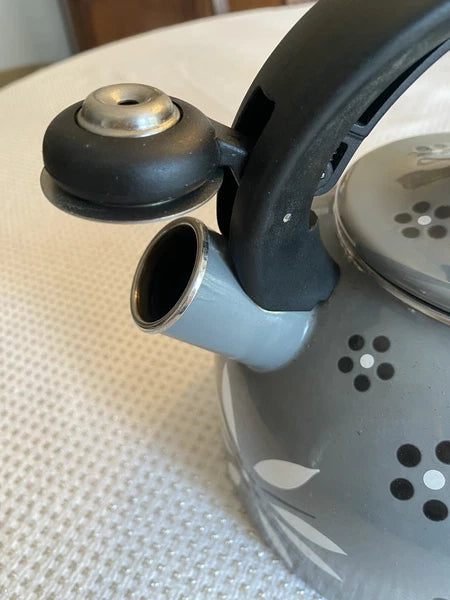 Temptations 2.3-qt Enamel on Steel Classic Tea Kettle Old World Grey Black White