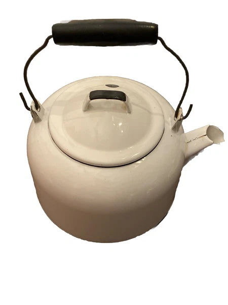 Vintage Enamelware White Tea Pot Kettle/Planter With Wood Handle