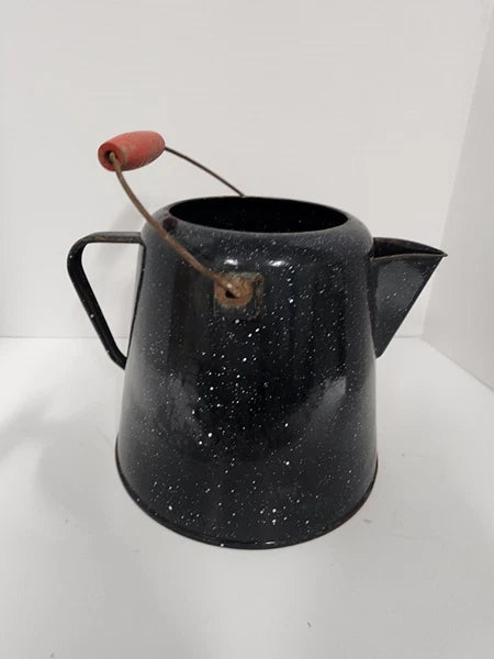 Vintage Enamelware Coffee Tea Pot, Camping Kettle Black Speckled 8” Tall No Lid