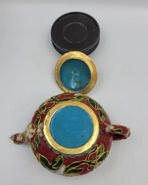Chinese Enamel Cloisonné Miniature Teapot w/Box And Wood Stand Vintage