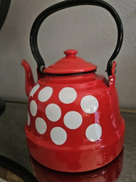 Vintage Enamelware Polka Dot Teapot / Mid Century Enamel Kettle