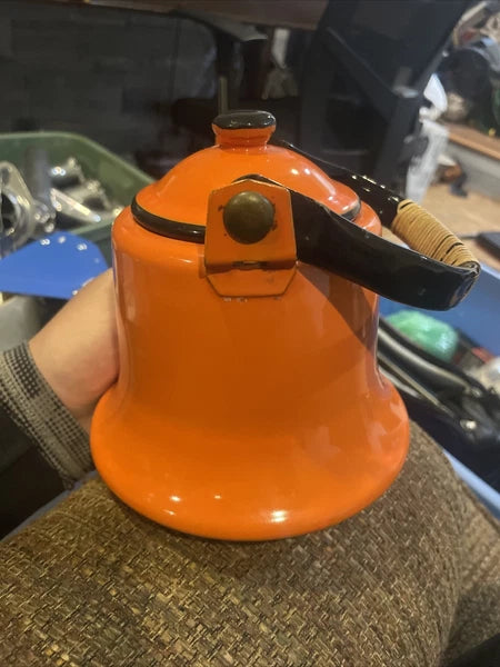 VTG Retro Asahi Japan Orange Enamelware Tea Pot Kettle Rattan Wrap Handle