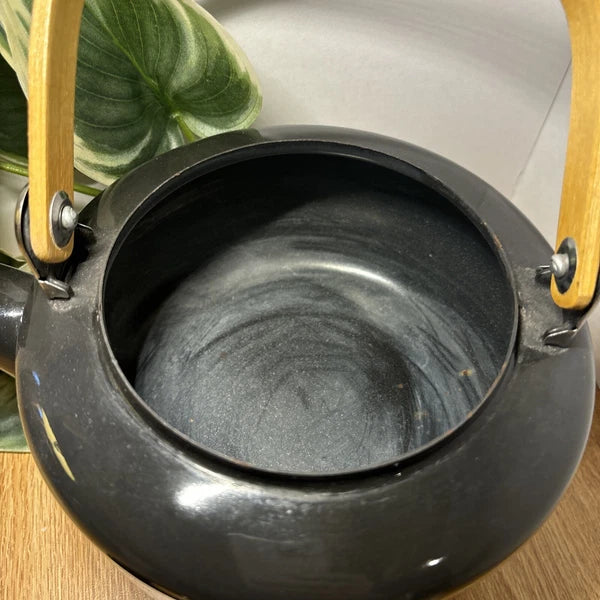 Vintage Mid Century Tea Kettle Black w Wooden Handle and Knob
