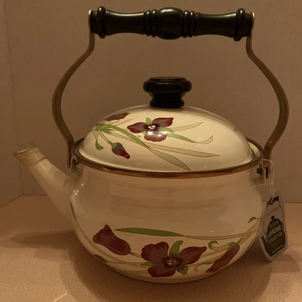 NIB Vntg  Gailstyn-Sutton Jardine Moriposa Iris Porcelain Enamel Tea Kettle 2qt