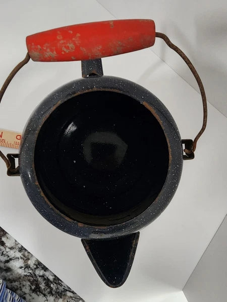 Vintage Enamelware Coffee Tea Pot, Camping Kettle Black Speckled 8” Tall No Lid