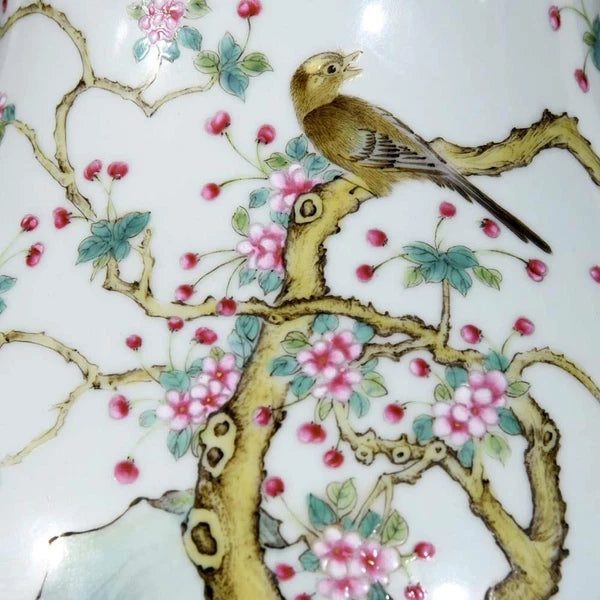 24CM Qianlong Signed Old Chinese Colour Enamel Vase W/bird N3729