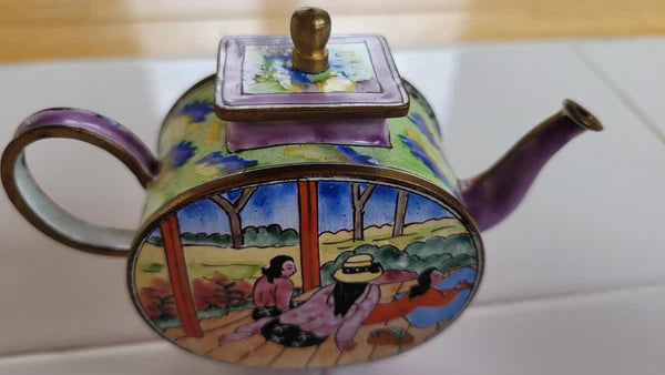Miniature Brass & Enamel Decorative Tea Pot/Kettle, Women Relaxing Woman