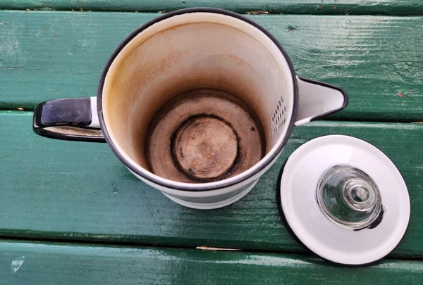 Vintage White Enamelware Kettle, Coffee Pot w/Glass Top w/lids & Flowery Bowl