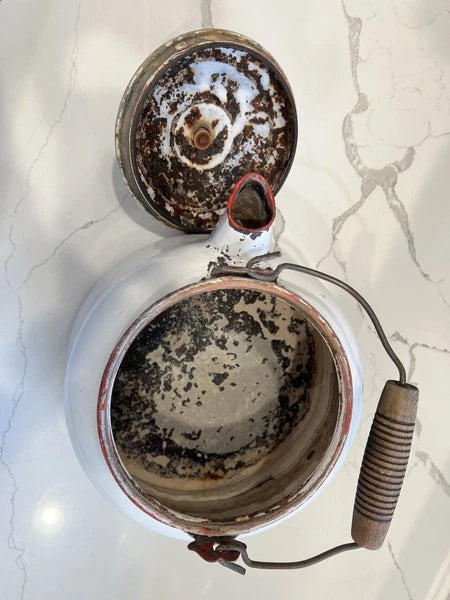 VTG Enamelware Tea Kettle Very Rustic W/Vintage Charm Whitewash/ Red Trim