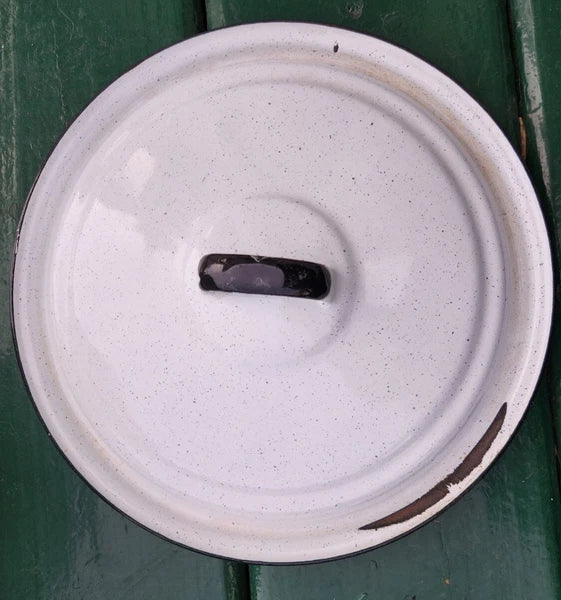 Vintage White Enamelware Kettle, Coffee Pot w/Glass Top w/lids & Flowery Bowl