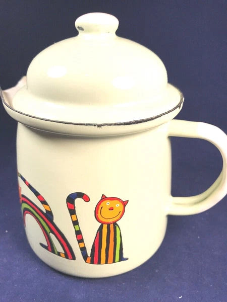 Checklasavakian? Prague Children’s Or Small Enamel Teapot 2 Cups Cats Rainbows