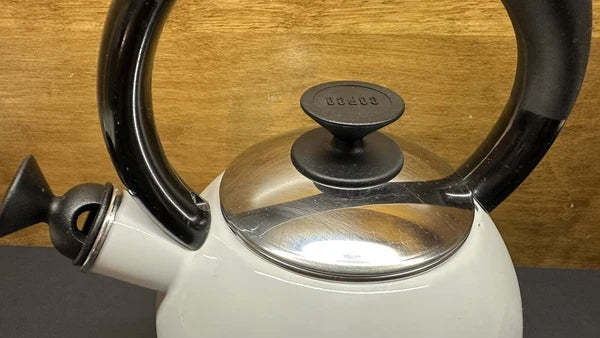 Vintage COPCO White Enameled Whistling Tea Kettle