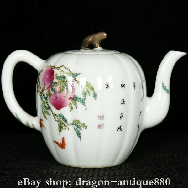 6.2" Qianlong Marked Enamel Colour Porcelain Fo Shou Peach Wine Tea Pot Flagon