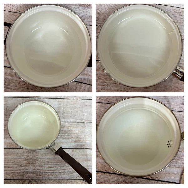 Vtg Enamelware Cookware Pans Tea Kettle 7-piece Set Mid Century European Design