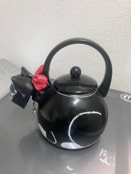 Vintage 1995 Ancona Black & White Cat Bow Tea Kettle Teapot
