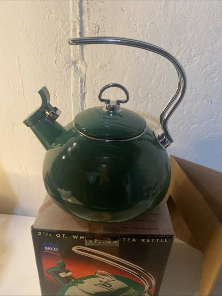 NEW EKCO TEA KETTLES Style Enamel on Steel Royal Green Whistling 2.5 Qt Ekco VTG