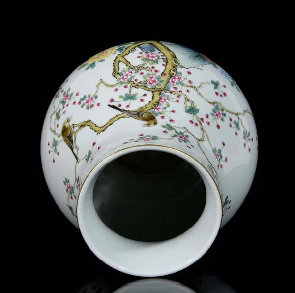 24CM Qianlong Signed Old Chinese Colour Enamel Vase W/bird N3729