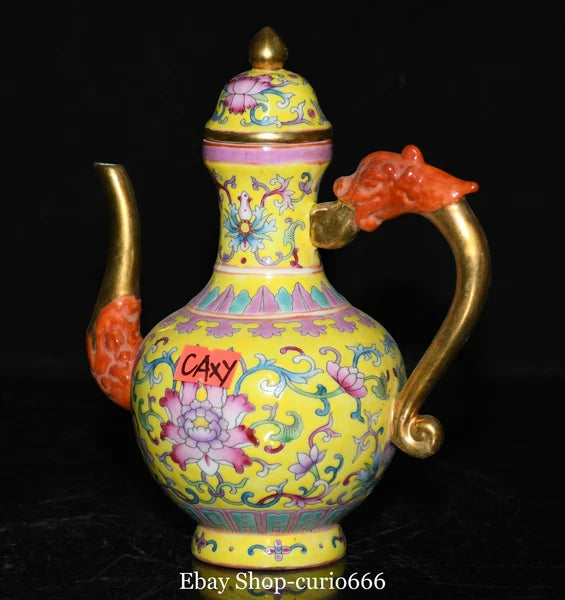 7'' Qianlong Colour Enamel Porcelain Gold Flower Dragon Loong Beast Kettle Pot