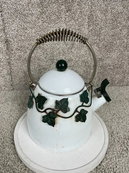 Via Ancona English Garden Enamel 10" Whistling Tea Kettle Green Ivy White