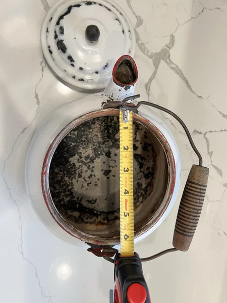 VTG Enamelware Tea Kettle Very Rustic W/Vintage Charm Whitewash/ Red Trim