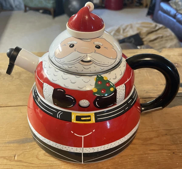 ROSCHO Jolly Santa Claus Enamel Whistling Tea Pot Kettle Holiday 3 Qt Christmas