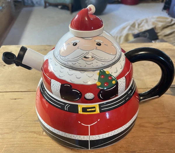 ROSCHO Jolly Santa Claus Enamel Whistling Tea Pot Kettle Holiday 3 Qt Christmas