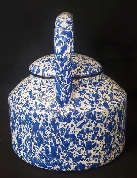 Vintage Enameled Ware Blue White Splatter Tea Kettle