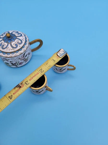 Vintage Chinese Brass Cloisonne/Enamel Miniature Teapot & Cups Flowers Bird Tree