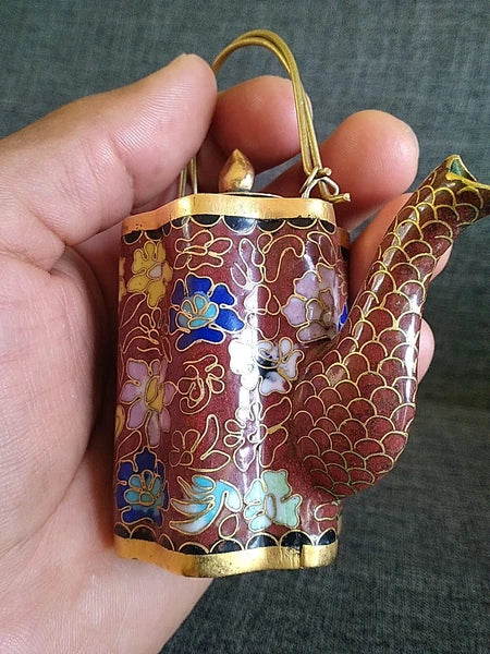 VTG CHINESE CLOISONNE BRASS AND ENAMEL BROWN  MINIATURE TEAPOT
