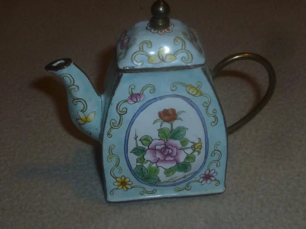 MINI ENAMEL TEA KETTLE TEAPOT KELVIN CHEN 1999 DECORATIVE FLOWERS BLUE RETIRED