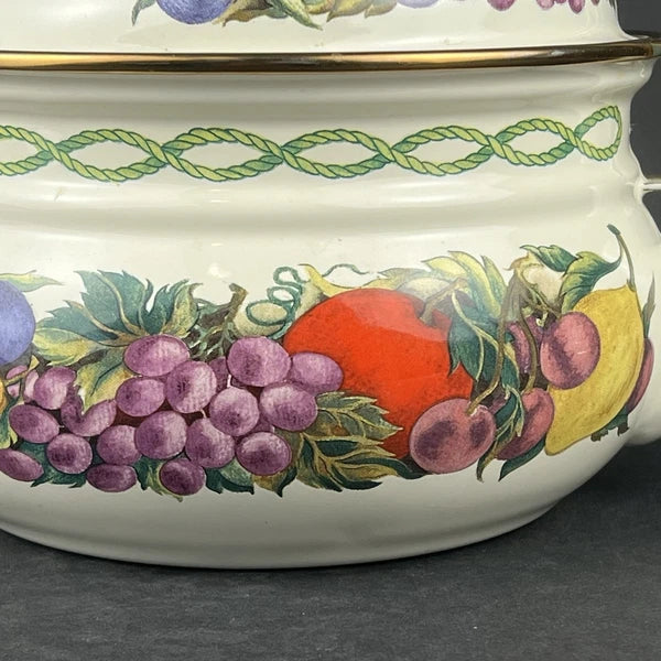 Vintage Lincoware Enamel Tea Kettle CORNUCOPIA Fruit Farmhouse Kitchen