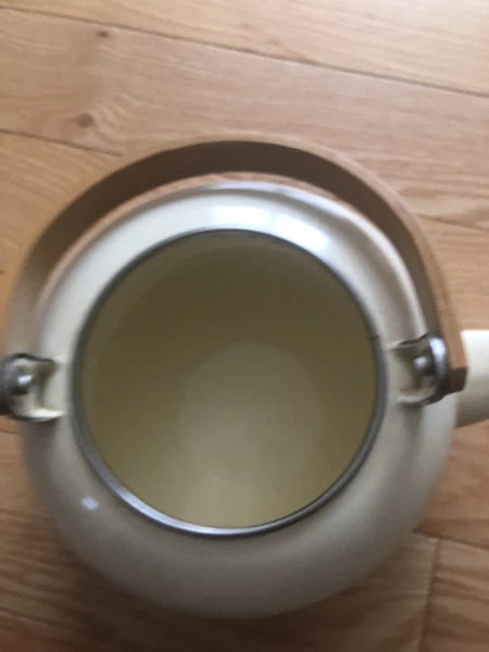 Vintage Cream w/Pastel Floral Metal Kettle Teapot Coated Stovetop Wood Handle