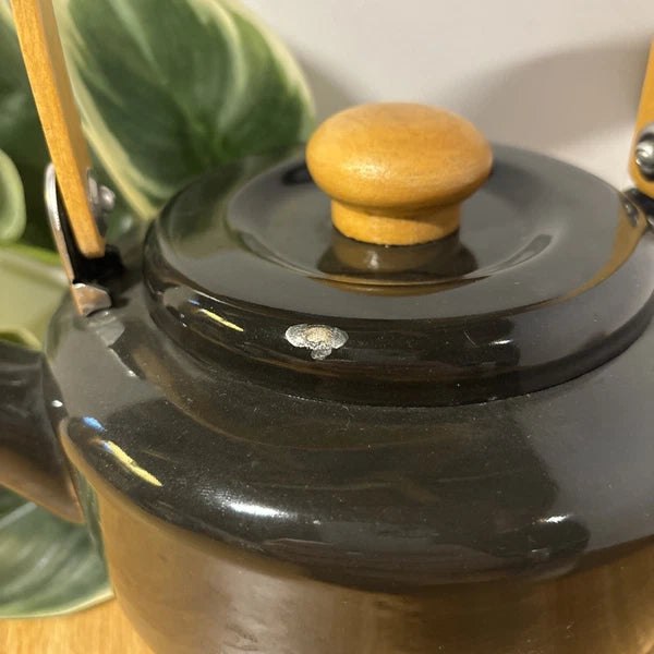 Vintage Mid Century Tea Kettle Black w Wooden Handle and Knob