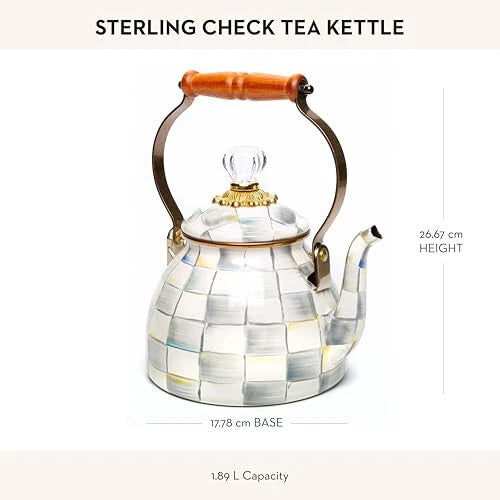 Enamel Tea Kettle, Stylish Tea Kettle for Stovetop, Grey-and-White Sterling Chec