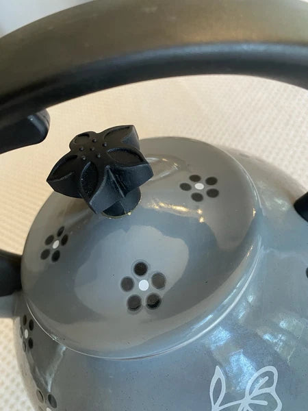 Temptations 2.3-qt Enamel on Steel Classic Tea Kettle Old World Grey Black White