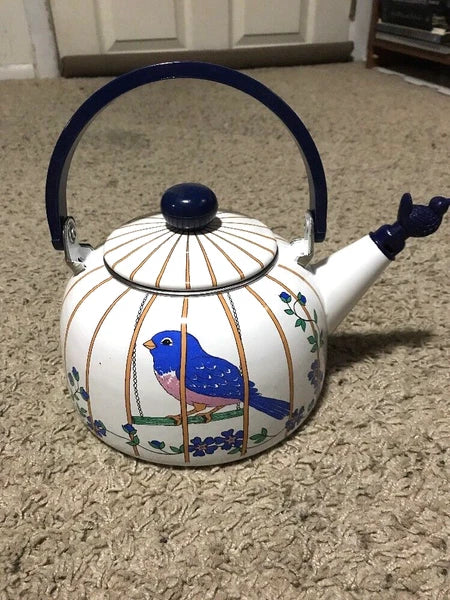 VINTAGE WHITE ENAMEL COFFEE POT Robin/ Blue Bird In A Cage