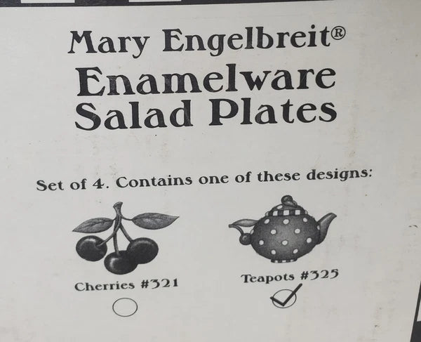 Vtg Mary Engelbreit Enamel Teapot Plate Set 4 Salad Dessert Plates Box New