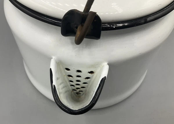 Vintage 64oz Enameled Ware Enamelware White & Black Trim Tea Water Kettle USA