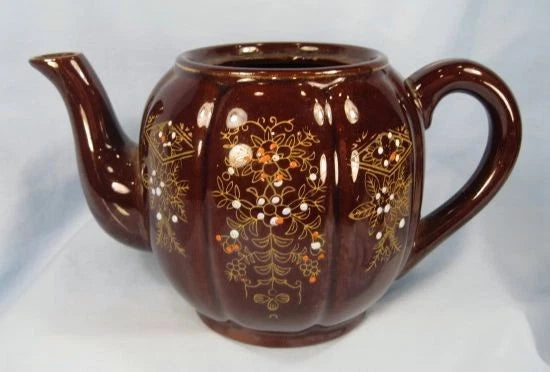 Vintage Brown Pottery Teapot With Hand Painted Enamel Flowers & No Lid AS IS (O)