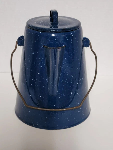 Vintage Blue Speckled Enamel Graniteware Cowboy Campfire Tea Pot with Spout Used