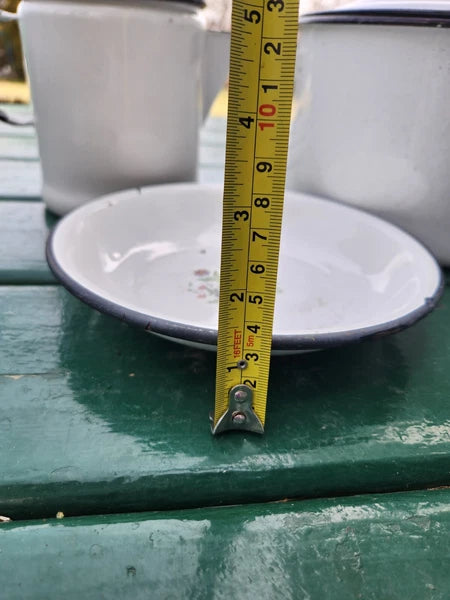 Vintage White Enamelware Kettle, Coffee Pot w/Glass Top w/lids & Flowery Bowl