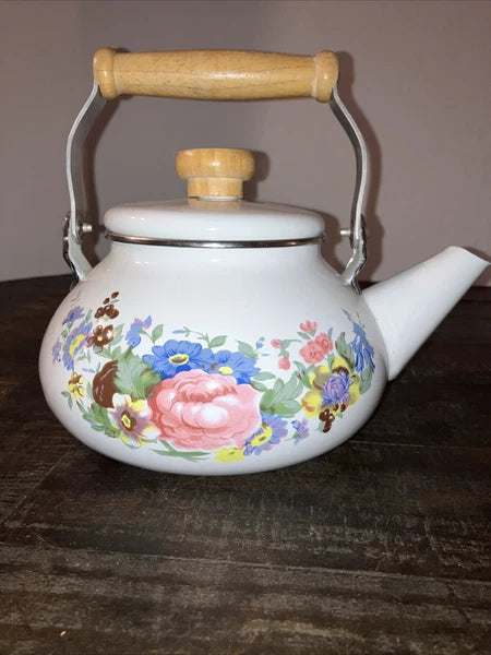 Vintage Enamel Metal Floral Teapot Kettle w/Wooden Knob & Handle