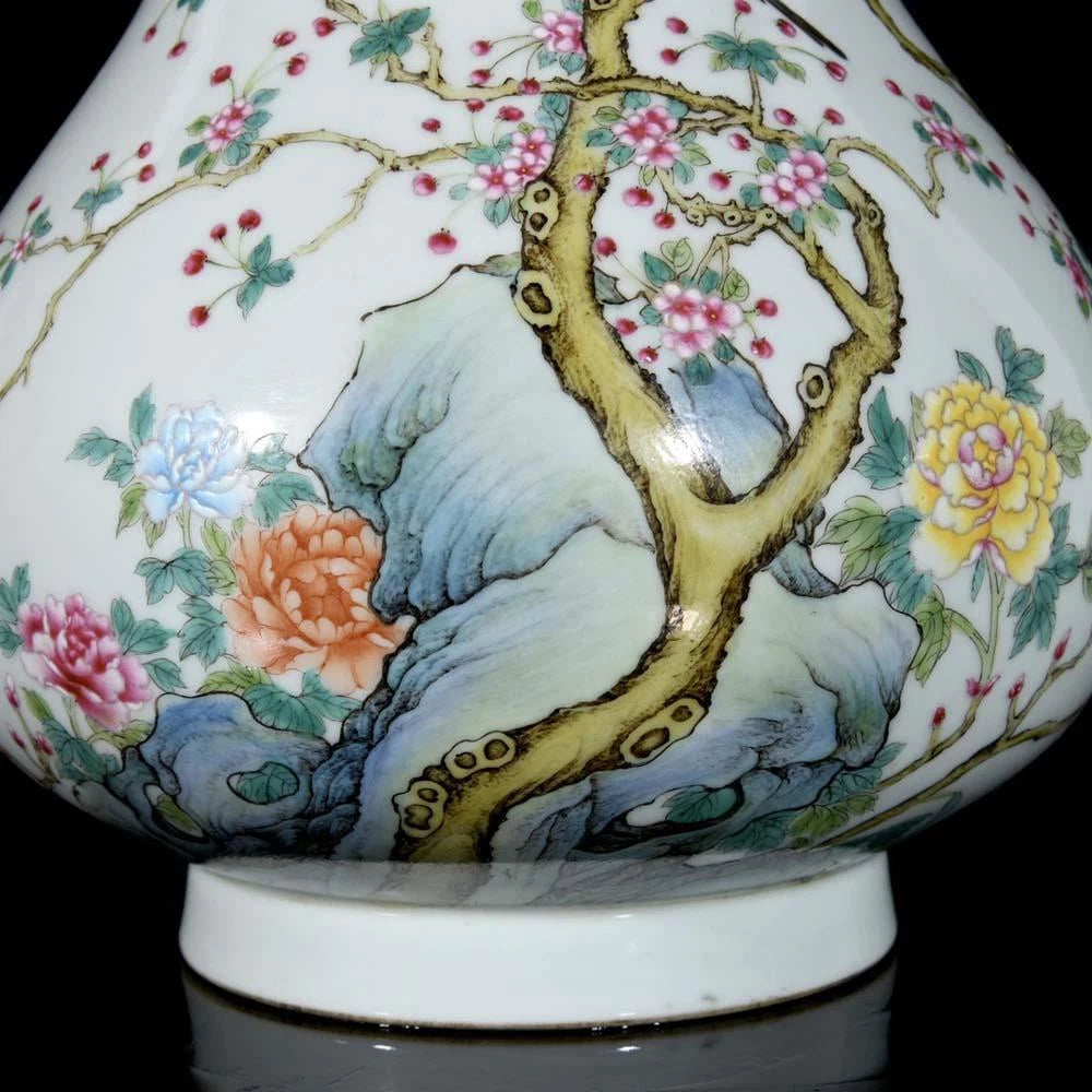 24CM Qianlong Signed Old Chinese Colour Enamel Vase W/bird N3729