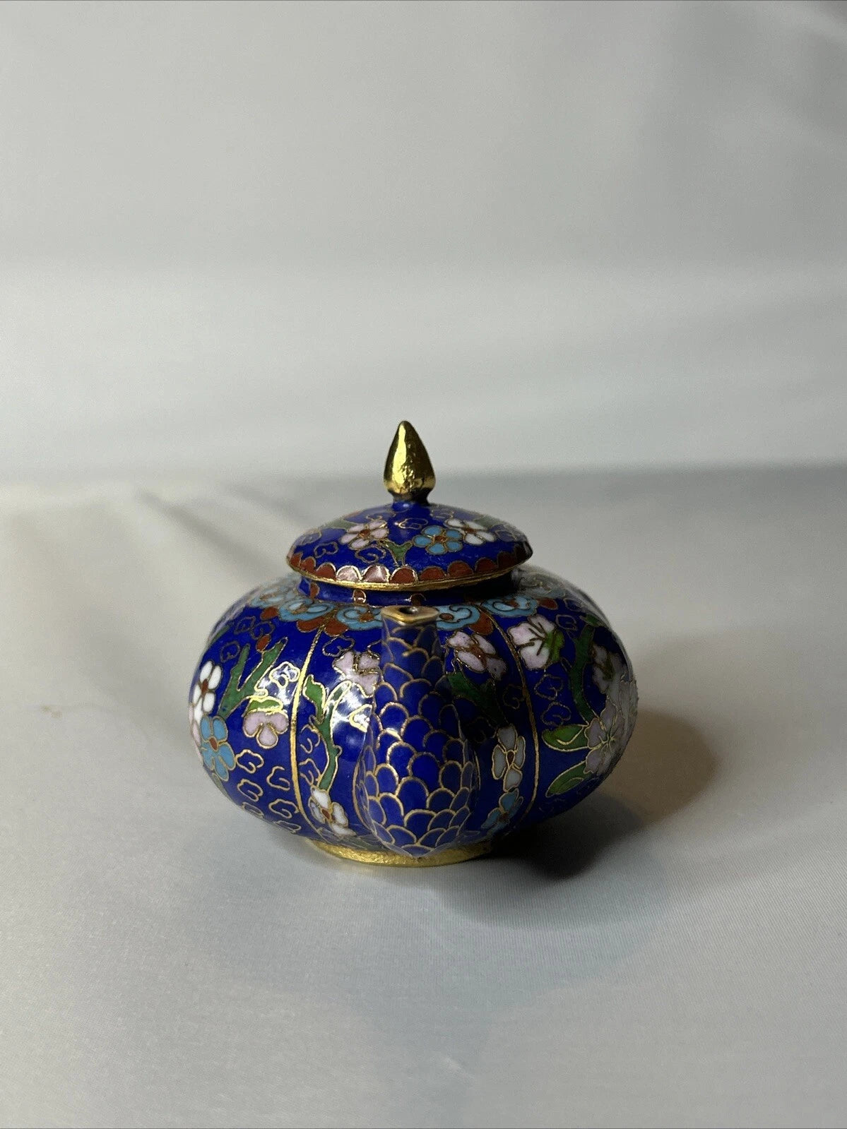 Vintage Cloisonne Blue Floral Enamel on Metal Miniature Teapot