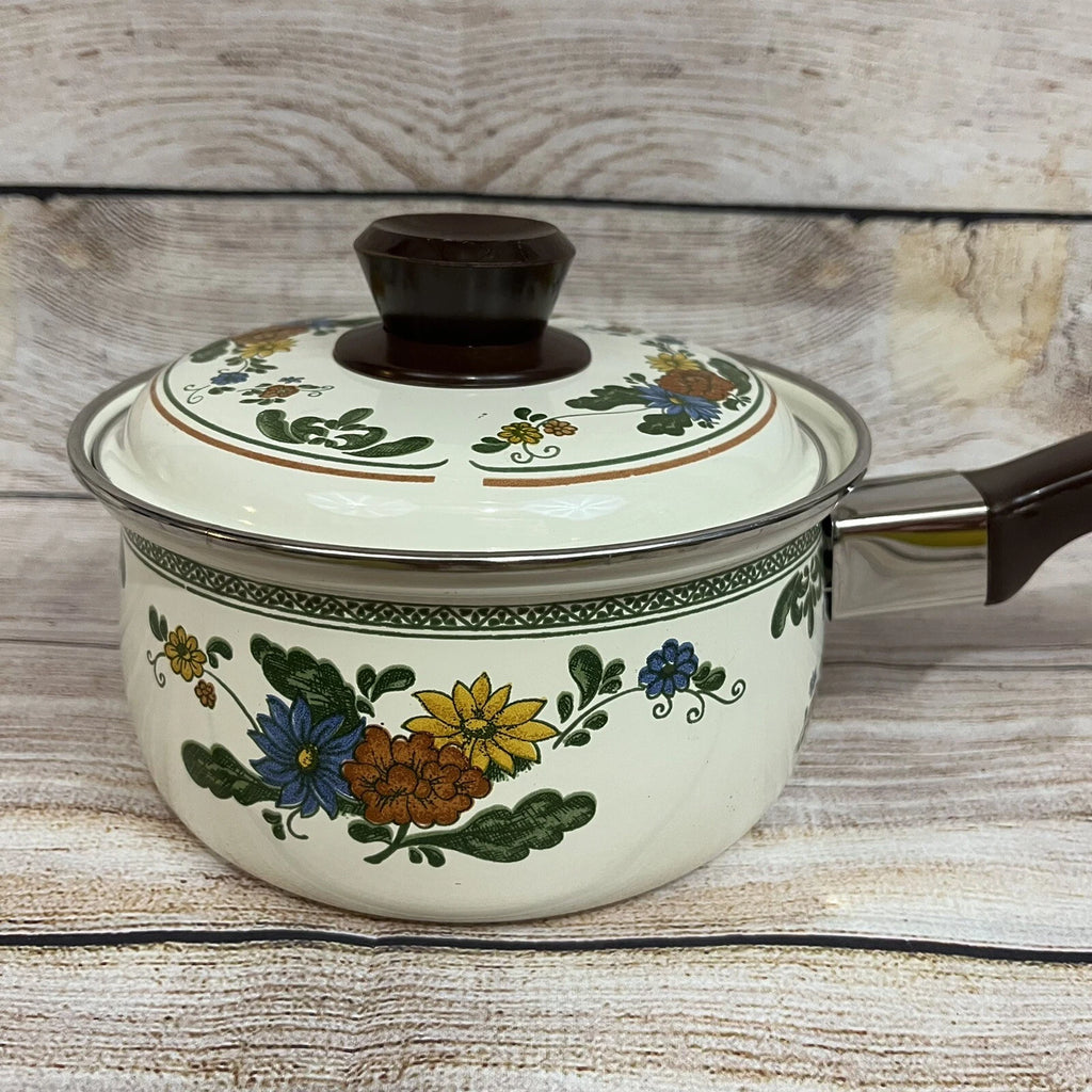 Vtg Enamelware Cookware Pans Tea Kettle 7-piece Set Mid Century European Design